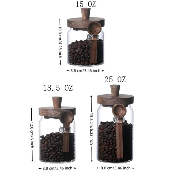 Size guide for three glass storage jars in 15 oz, 18.5 oz, and 25 oz, each with wooden lid and spoon
