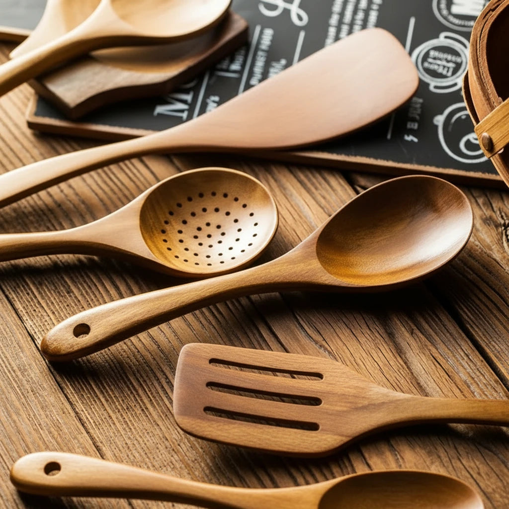 Teak Wooden Kitchen Utensil Set with Holder
