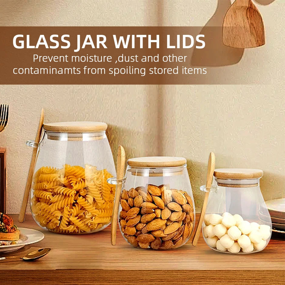 Product sizes and capacity of glass jars with bamboo lids: 350ml, 600ml, and 1000ml, shown filled with snacks