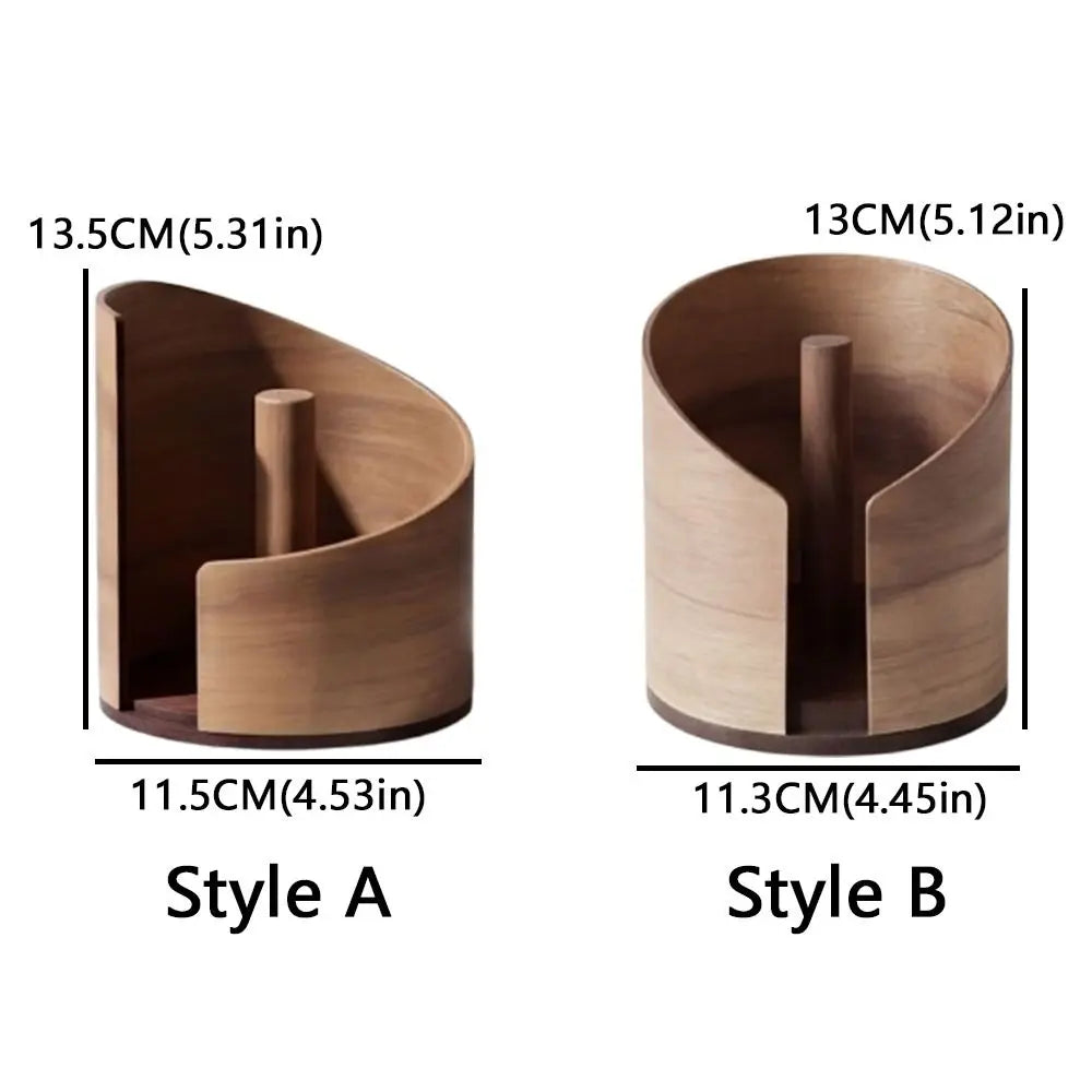 Comparison of Style A and Style B walnut paper towel holders with measurements in centimeters and inches