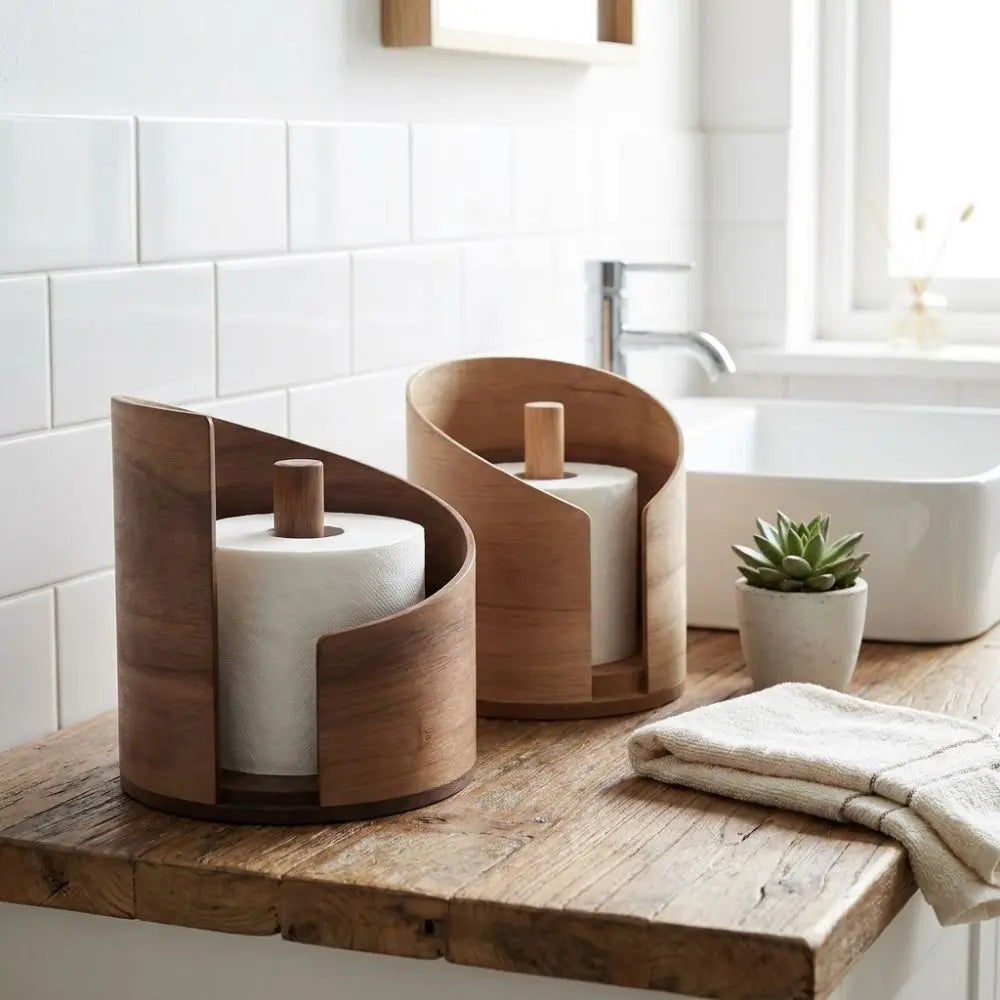 Two walnut paper towel holders with paper towels on a rustic bathroom counter next to a small plant