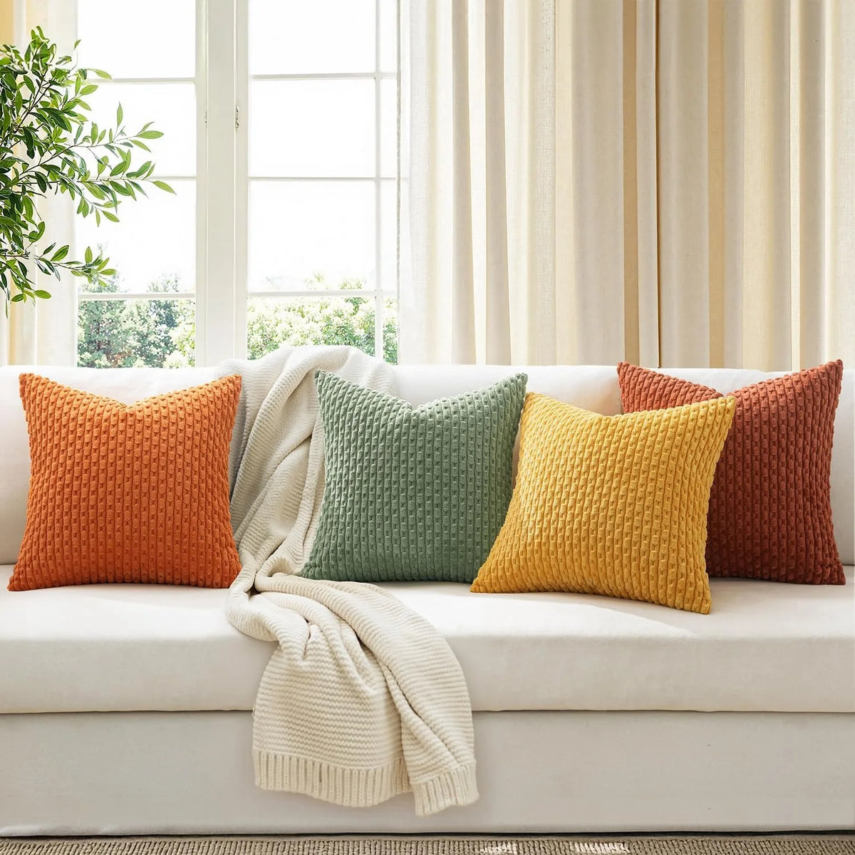 Couch with corduroy pillow covers in orange, green, yellow, and terracotta
