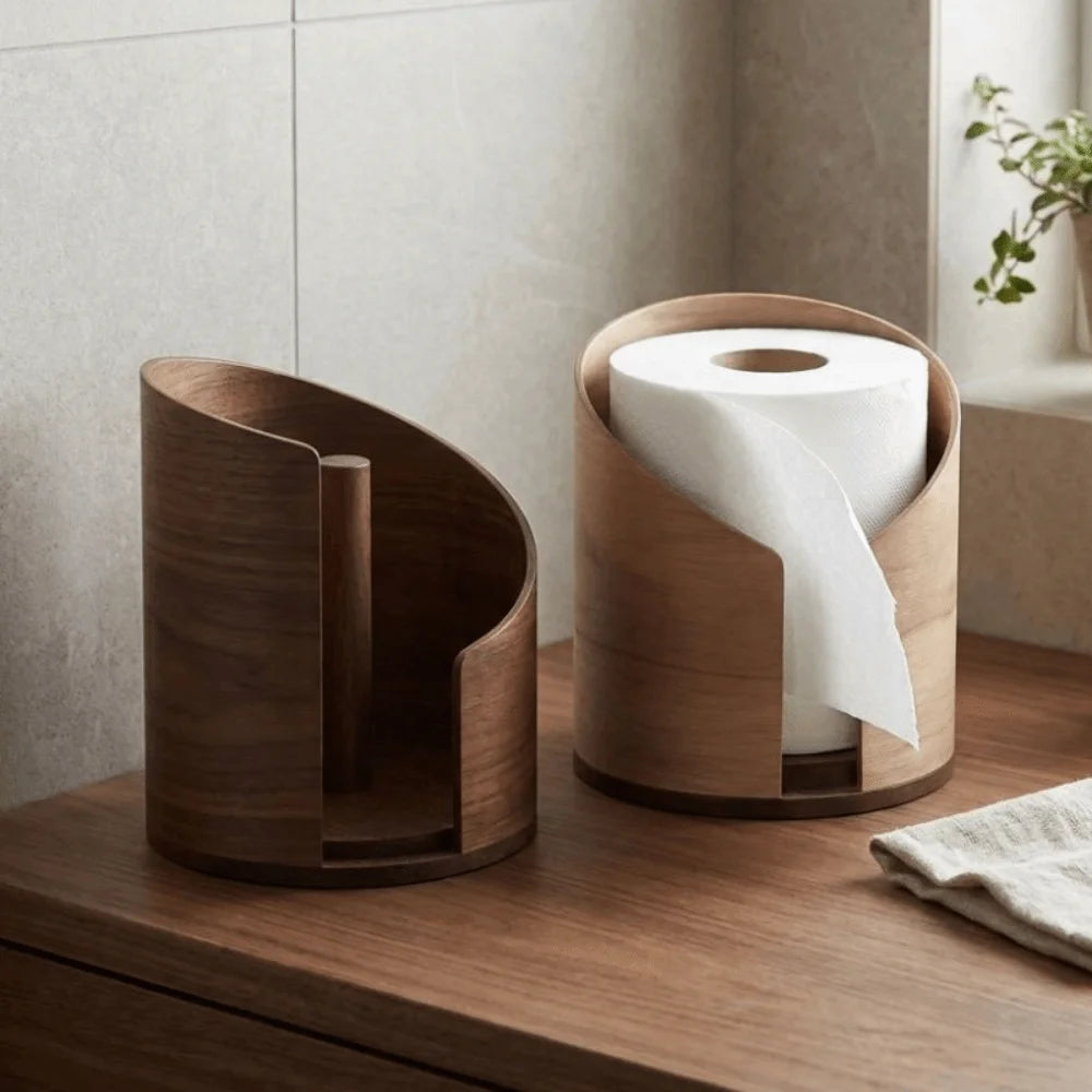 Two styles of walnut paper towel holders, one with a paper roll, on a bathroom counter
