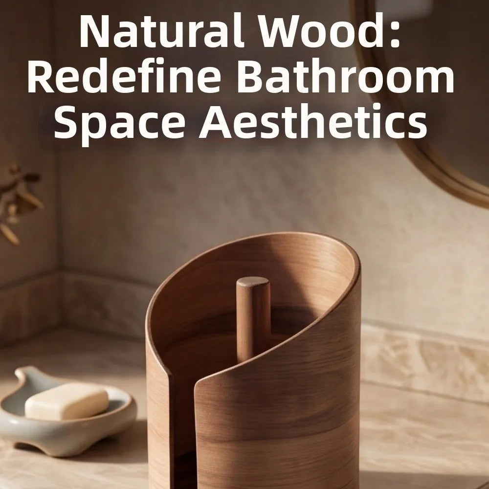 Walnut paper towel holder on marble bathroom counter with soap dish