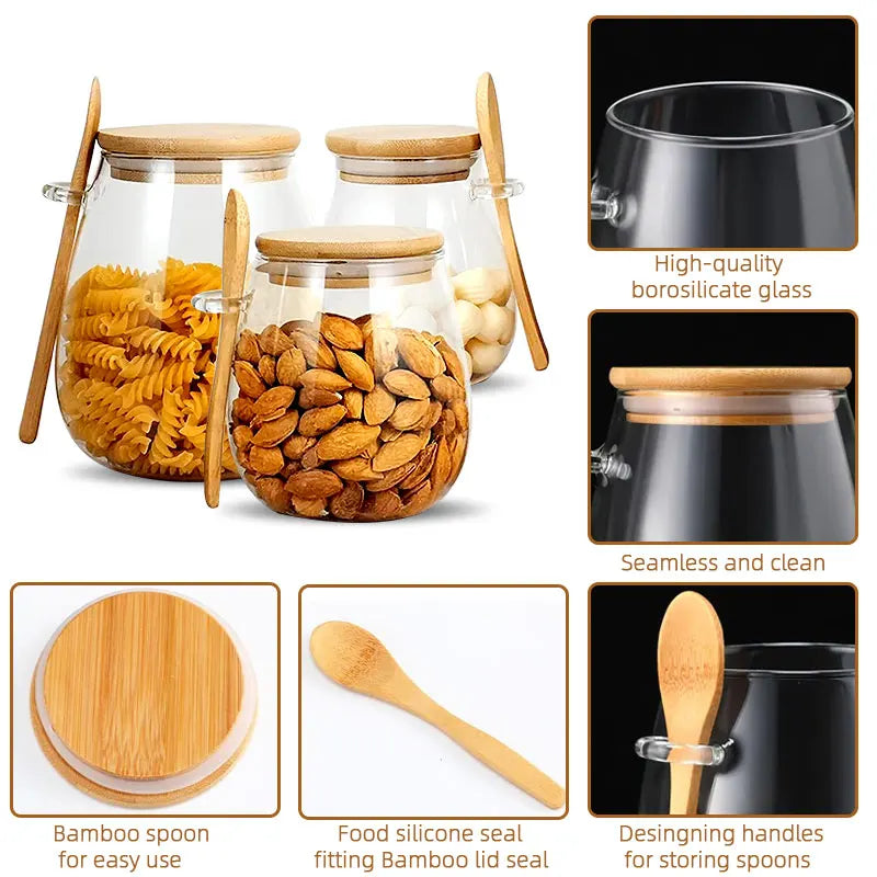 Three glass jars with bamboo lids and spoons filled with pasta, almonds, and garlic, showing product close-ups and features