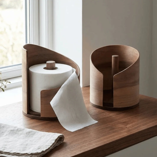 Two walnut wood paper towel holders with paper towels on a wooden countertop near a window