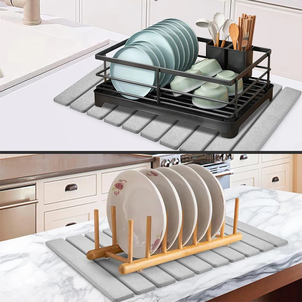 Dish drying mat used with plate racks and dish racks