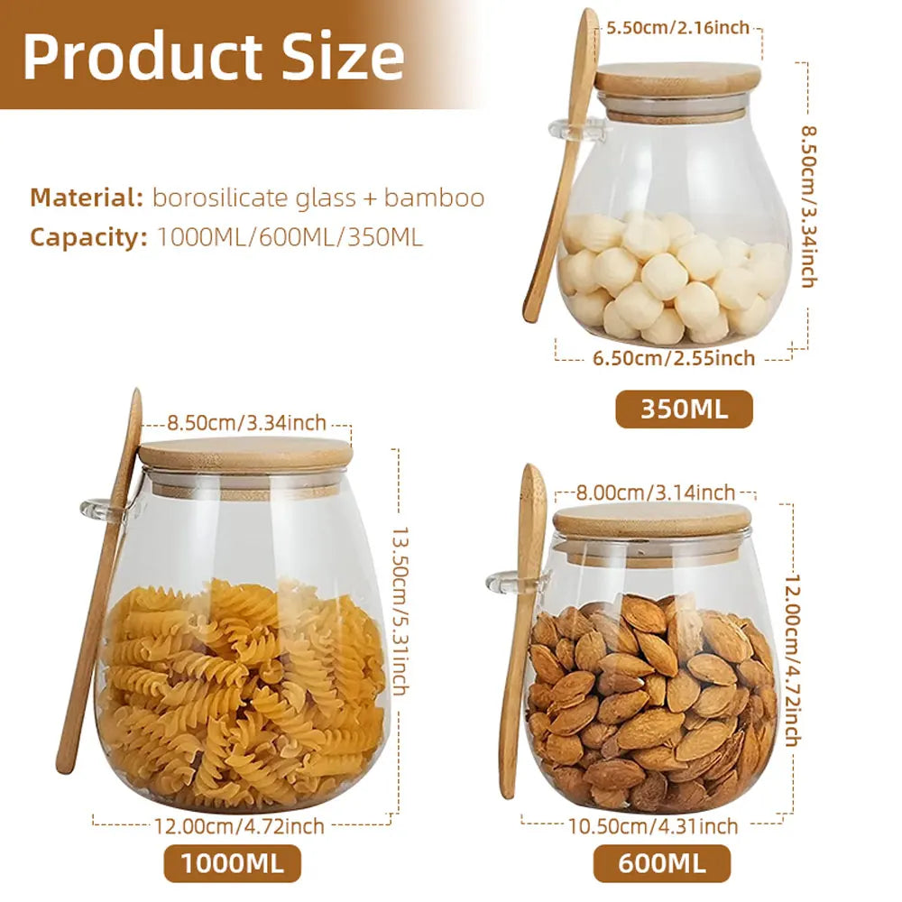 Hands using glass jar with tea, alongside jars with pasta, almonds, and snacks
