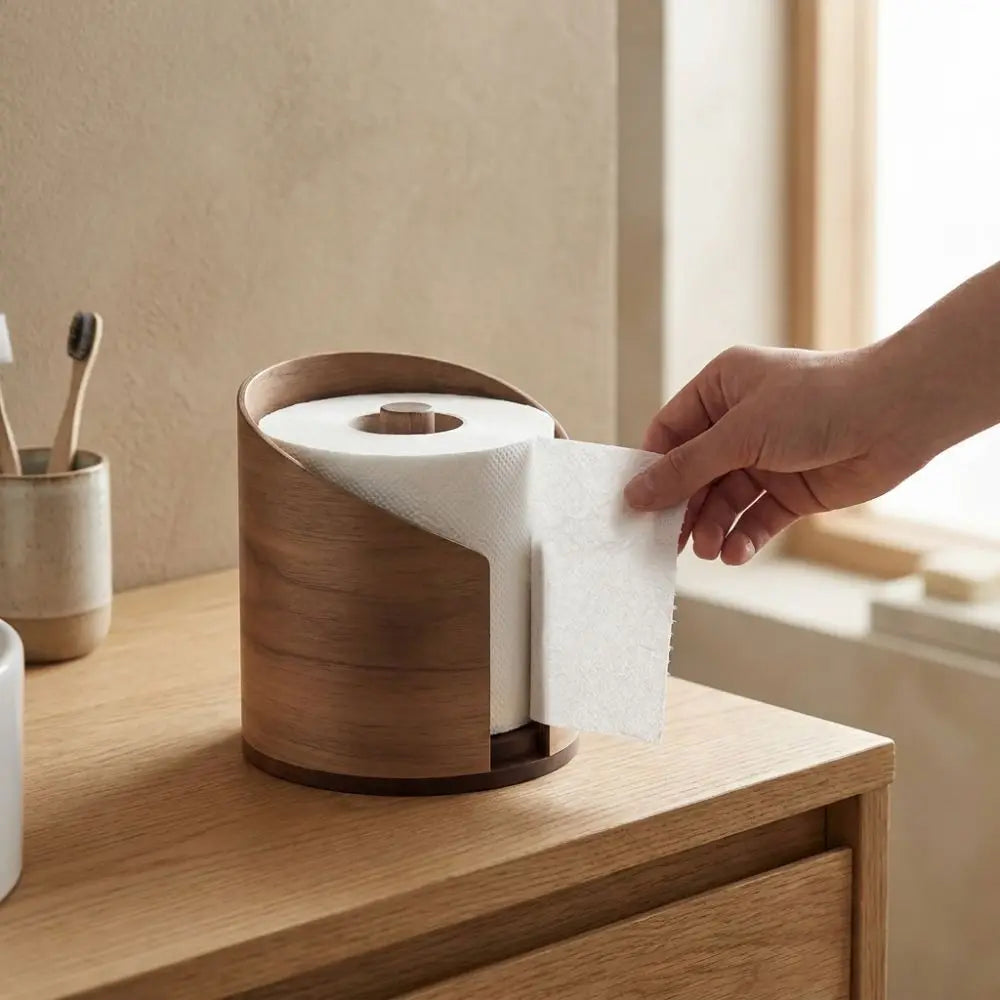 Hand pulling towel from walnut paper towel holder on a vanity