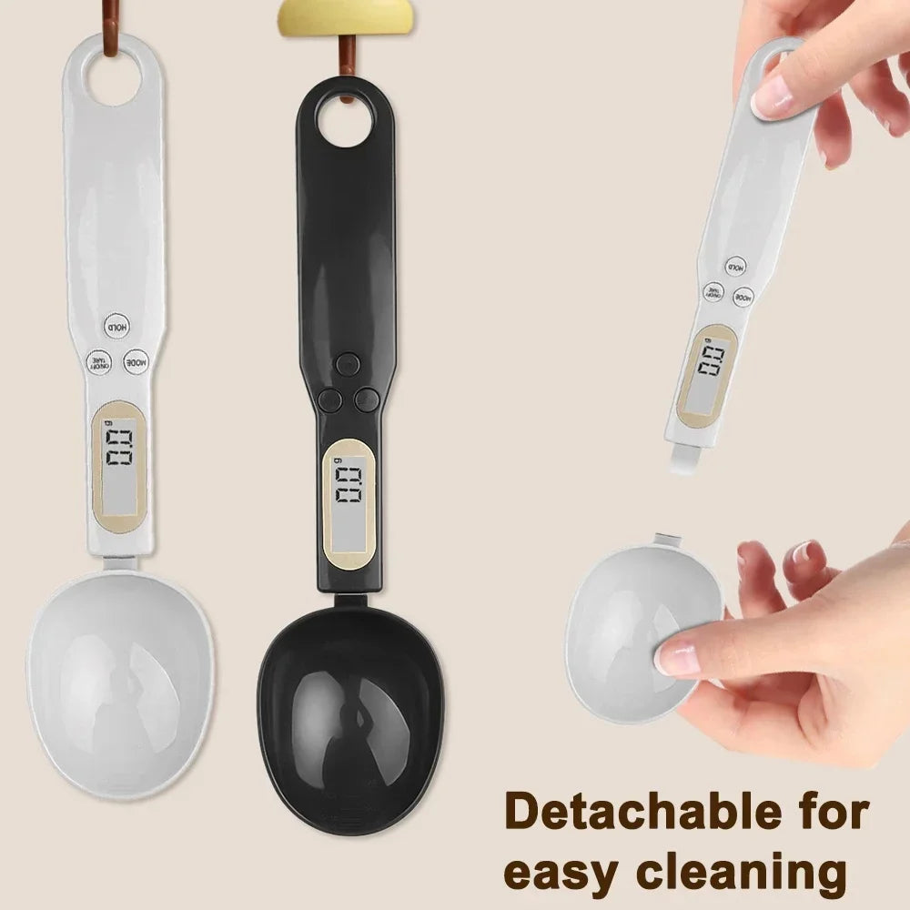 White and black digital measuring spoon scales shown hanging and being detached for cleaning