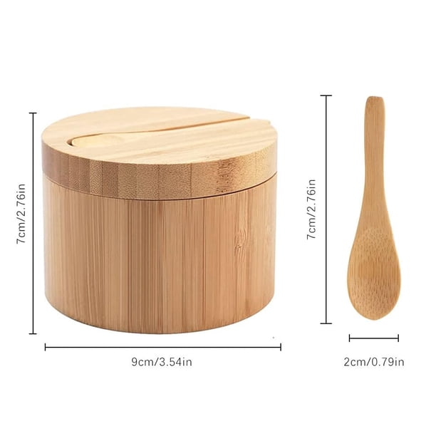 Bamboo seasoning jar and matching spoon with clear size dimensions shown