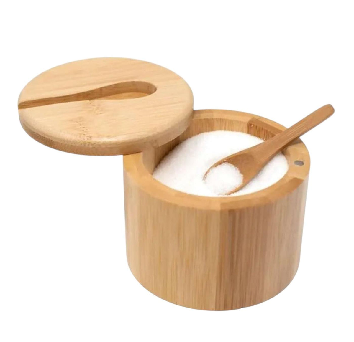 Close-up of bamboo seasoning jar with open swivel lid and spoon resting inside