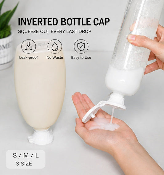Inverted bottle cap dispensing shampoo or shower gel